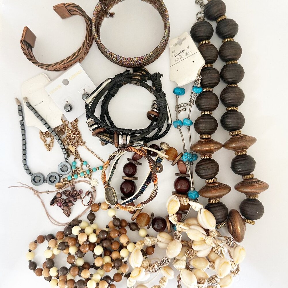 Vintage to Modern wearable Grab Bag Jewelry Lot Wood Shell Bohemian